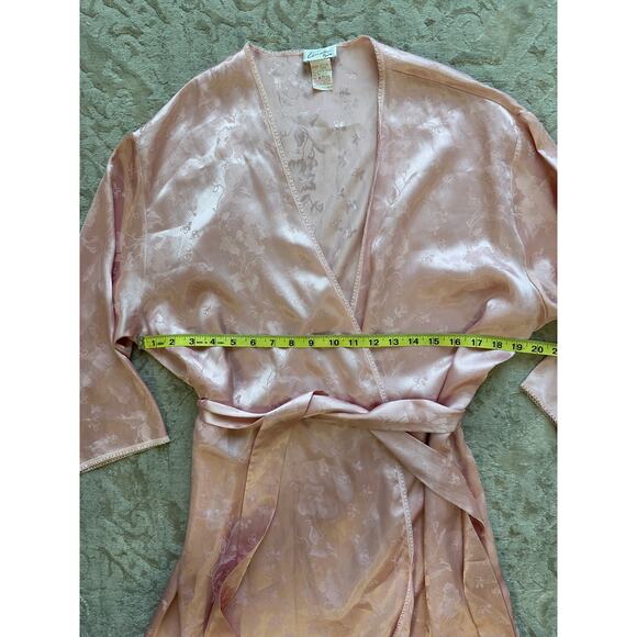 Vintage Women's Pink Satin Robe Roses Bows Floral Jacquard Belted Dressing Gown - Picture 5 of 6